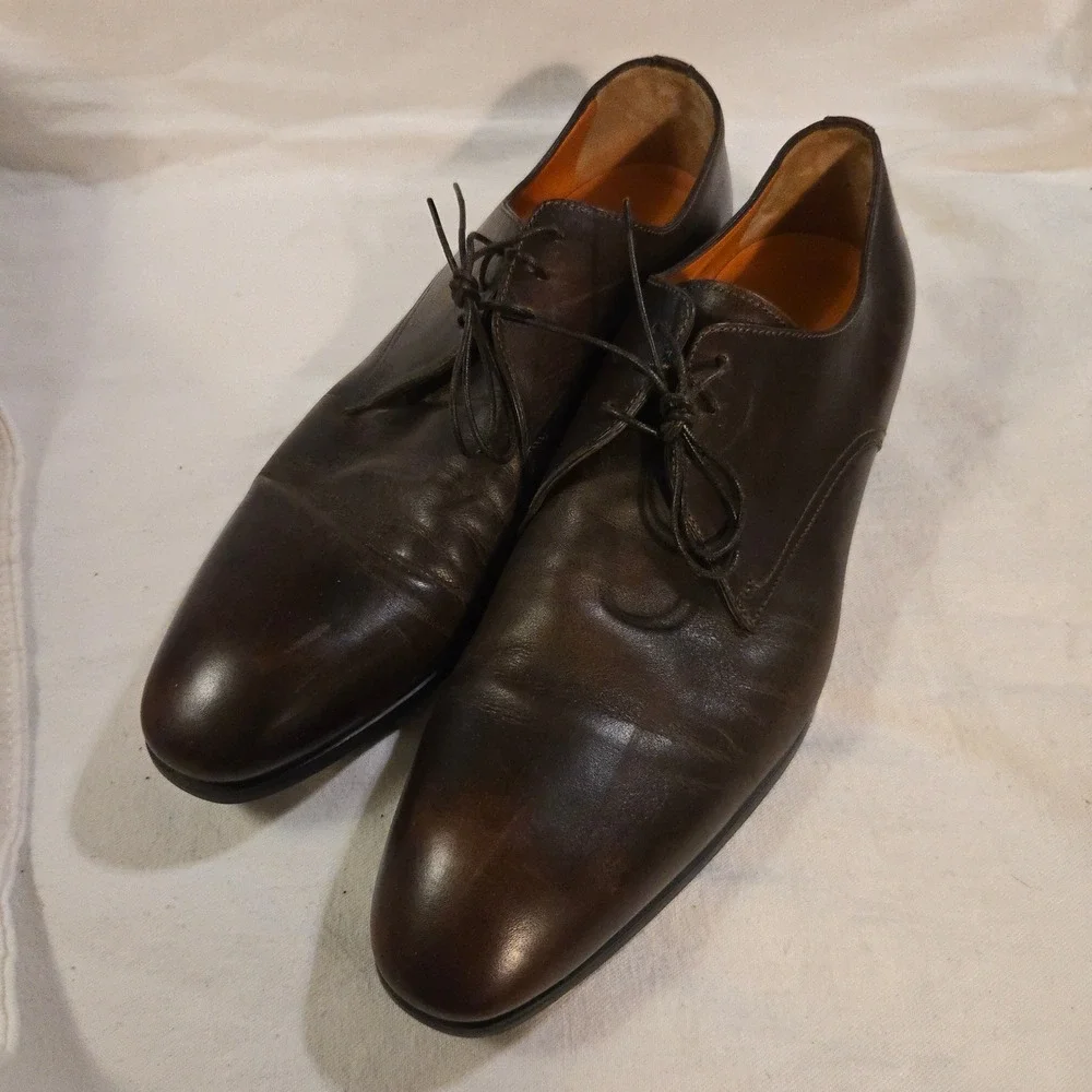 Santoni Derby 11.5 Dress Shoes Luxury Italian Mens Brown Leather Lace Up Italy